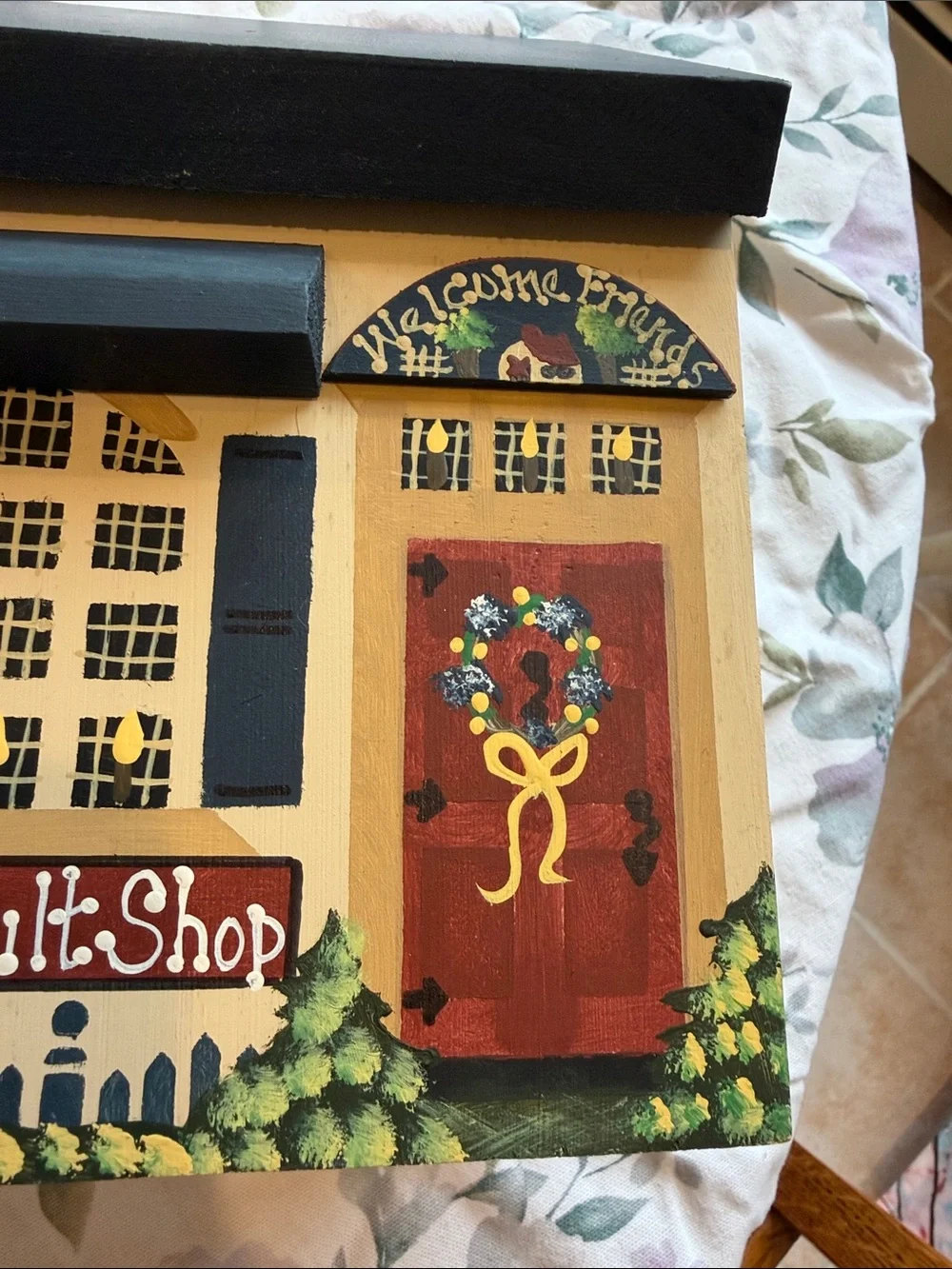 Hand-Painted Country Quilt Shop wooden box/ mailbox- Navy & Cream